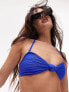 Фото #1 товара Topshop mix and match textured halterneck bandeau knot bikini top in blue