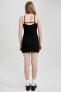 Bodycon Yırtmaçlı Siyah Askılı Mini Elbise A5177ax23sm
