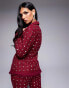 Фото #7 товара ASOS LUXE embellished boucle blazer co-ord with faux feather hem in Burgundy