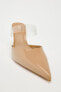 Faux-patent-finish heeled vinyl mules