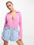 ASOS DESIGN slinky shirt bodysuit with plunge neck in pink