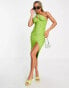 Фото #1 товара ASOS DESIGN – Midikleid in glitzerndem Limettengrün mit One-Shoulder-Träger und Korsettdetail