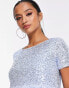 Jaded Rose Petite short sleeve crop top with faux feather trim in baby blue sequin co-ord