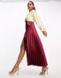 ASOS DESIGN pleated satin wrap button detail midi dress in berry and cream colourblock