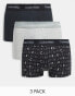 Calvin Klein 3 pack low rise trunks with logo waistband in black and grey logo print