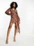 Фото #5 товара ASOS DESIGN fluffy v neck mini dress with tie waist and tie back detail in brown