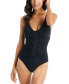 Фото #1 товара Women's Solid V-Neck Button-Detail One-Piece Swimsuit