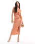 ASOS DESIGN satin high neck drape split maxi dress in light rust