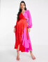 Фото #2 товара Flounce London satin balloon sleeve ruffle midi dress in contrast pink and red