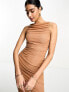 ASOS DESIGN high neck ruched asymmetric bodycon midi dress in camel brown