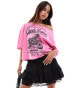 ASOS DESIGN relaxed off shoulder t-shirt with biker graphic in pink