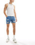 Фото #3 товара ASOS DESIGN short length denim shorts with rips in mid wash blue