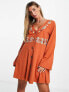 Фото #7 товара ASOS DESIGN long sleeve button down waisted mini dress with floral embroidery in rust