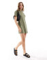 Фото #1 товара Miss Selfridge tie side t-shirt mini dress in washed khaki