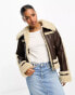 Фото #2 товара Miss Selfridge faux leather borg lined zip front trucker jacket in brown