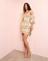 Фото #2 товара ASOS LUXE gem embellished off shoulder puff sleeve cotton mini dress in pink & gold