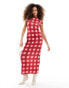 The Frolic short sleeve column maxi dress in red and pink check