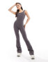 In The Style ribbed scoop neck flared unitard jumpsuit in charcoal grey