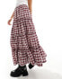 Фото #4 товара Bershka tiered maxi skirt in burgundy check