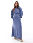 ASOS DESIGN high neck batwing ruched waist satin maxi dress in slate blue Сланцево-синий, 40 - фото #1