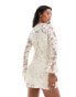 Rare London mesh burnout mini dress with bell sleeve in cream Бежевый, 32 - фото #3