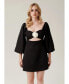 Women's Bell sleeve cut out black mini dress with rose detail