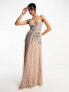 Фото #4 товара Maya Bridesmaid wrap front maxi tulle dress with tonal delicate sequin in taupe blush co ord