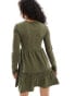 Miss Selfridge long sleeve washed smock mini dress in khaki Зеленый, 38 - фото #4