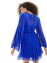 Фото #7 товара ASOS DESIGN tie back fluted sleeve pleated chevron chiffon mini dress in dark blue