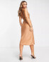 ASOS DESIGN scoop neck satin midi slip dress with tie waist detail in tan