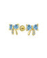 Tiny Minimalist Cubic Zirconia London Blue Simulated Topaz CZ Ribbon Bow Stud Earrings For Women Real 14K Gold Screw back