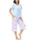 Women's Solid Short Sleeve T-shirt with Printed Capri 2 Piece Pajama Set
