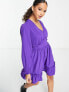 Фото #1 товара New Look button frill mini dress with shirred long sleeves in purple