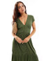 ASOS DESIGN v neck with cap sleeves with lace inserts maxi dress in khaki Зеленый, 38 - фото #4