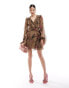 Фото #4 товара ASOS DESIGN long sleeve lace insert ruffle skater mini dress with cut out in khaki floral print