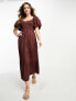 New Look puff sleeve shirred top midi dress in brown