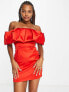 Фото #1 товара Miss Selfridge satin ruffle bardot mini dress in red