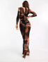 ASOS DESIGN sheer high neck maxi dress with ruched bodice and bodysuit in abstract smudge print