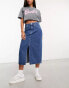 Only denim midi skirt with front split in mid blue