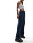 Bershka tie waist wide leg linen trousers in navy