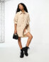 ASOS DESIGN Petite cord sloppy oversized shirt dress with pocket detail in stone