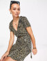 Фото #6 товара ASOS DESIGN plisse short sleeve ruffle wrap mini dress in brown leopard print