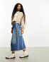 DTT Petite Kali denim midi skirt with frayed side seam in mid wash blue