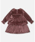 Little Girls Long Sleeve Metallic Dress With Frills Burgundy - Toddler|Child