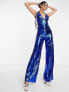 ASOS DESIGN embellished plunge halterneck jumpsuit in blue square sequin