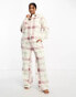 ASOS DESIGN lounge check cloud fleece shirt & wide leg trouser set in white, green & pink