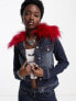 COLLUSION Y2K wash cropped denim jacket co-ord with detachable red fur trim in dark blue