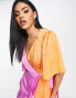 Flounce London satin flutter sleeve ruffle mini dress in contrast pink and orange