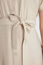 Gömlek Yaka Keten Görünümlü Kuşaklı Kısa Kollu Midi Elbise U6943az24sm
