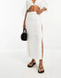 Bershka ruched split side linen midi skirt in white